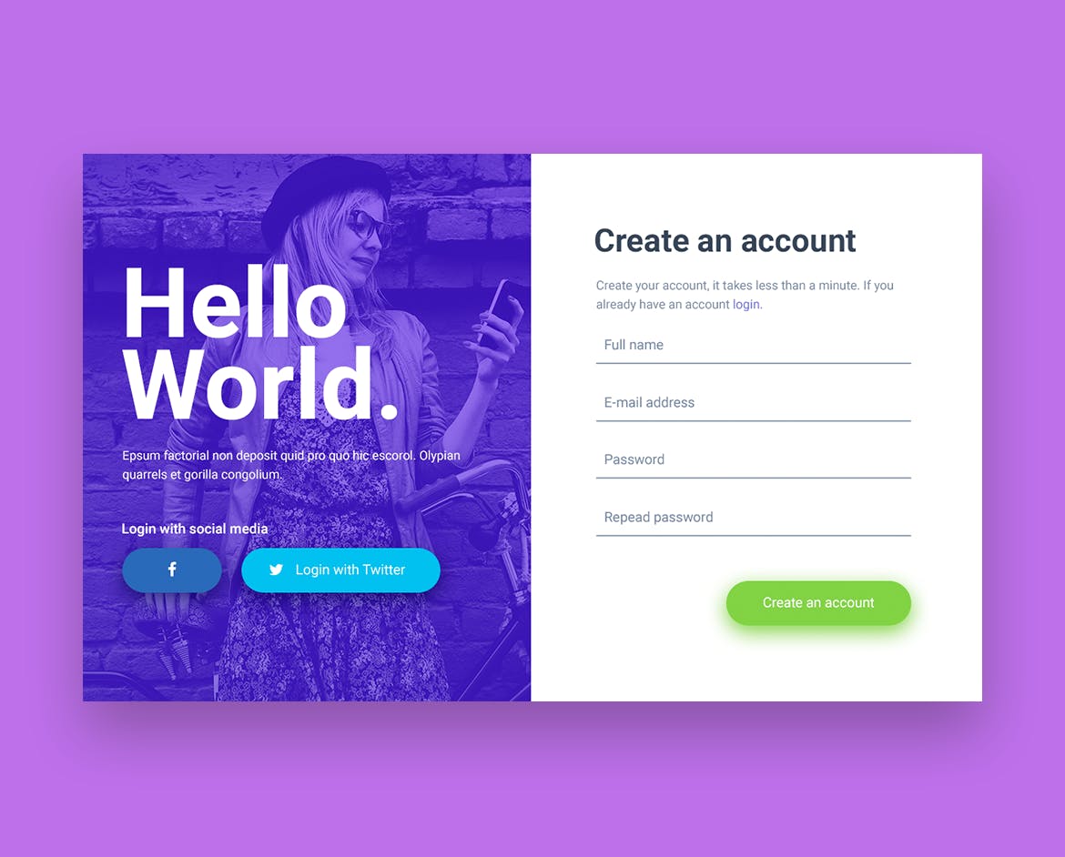 网站注册登录表单独立页面设计素材库精选模板 Hello World Login & Registration Form插图(1)