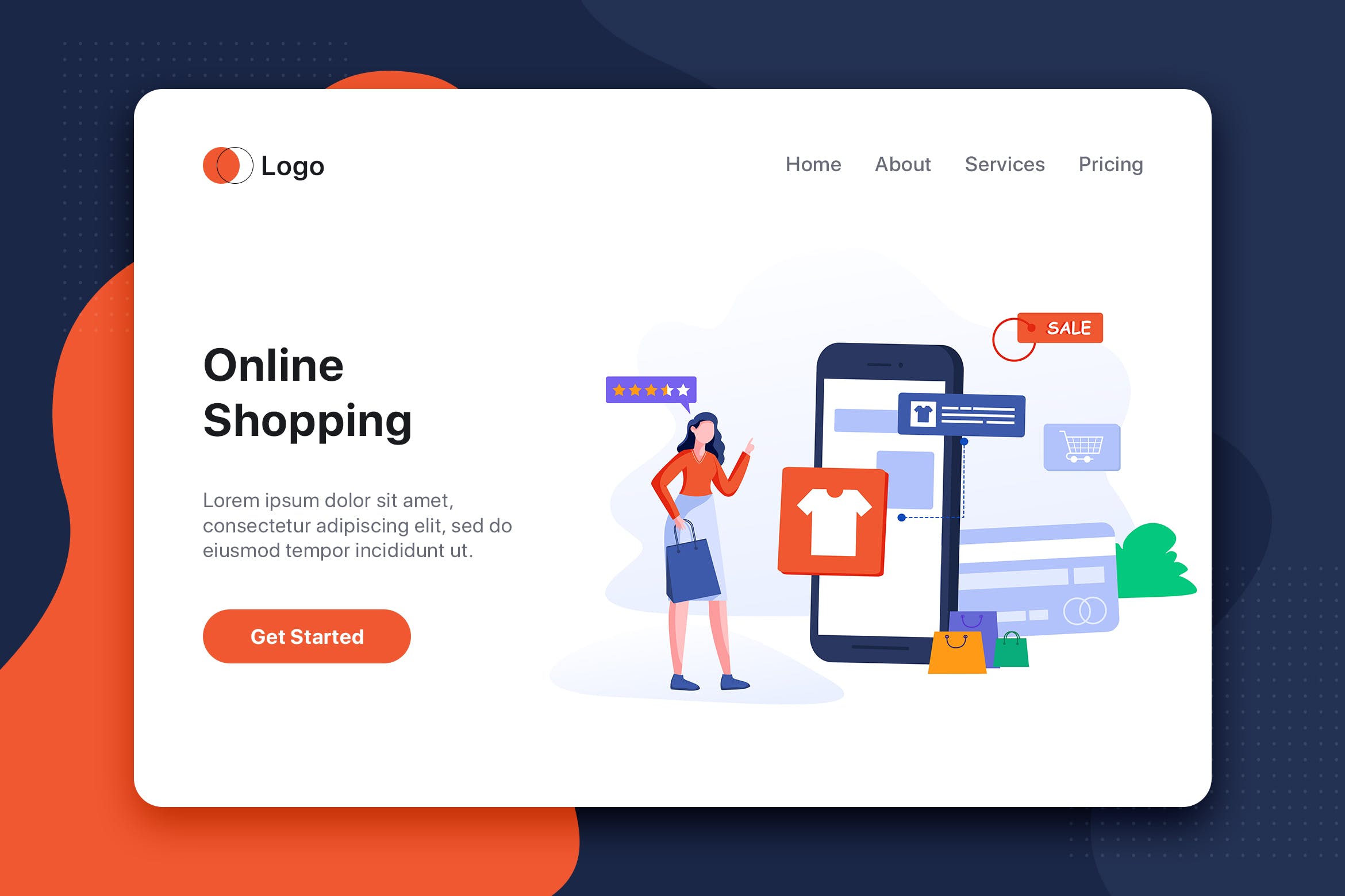 网上购物主题网站首页设计概念插画 Young woman shop online using smartphone插图