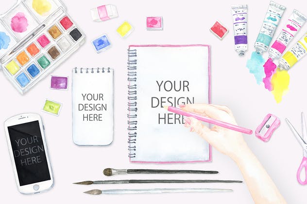 水彩艺术创作场景样机模板 Watercolor art material mockups插图(1)