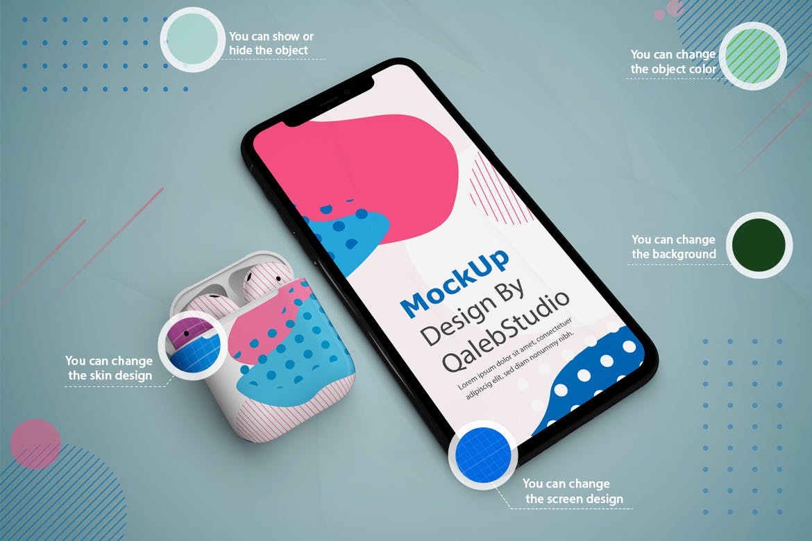 抽象设计风格iPhone 11手机&AirPods耳机素材库精选样机模板 Abstract iPhone 11 & AirPods Mockup插图(2)