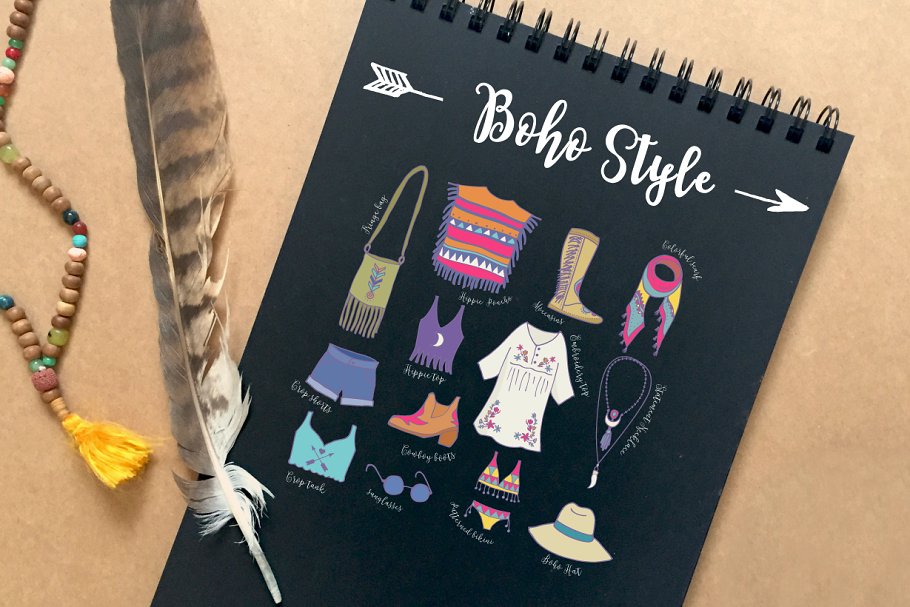 波希米亚夏天风格时尚服饰插画素材 Bohemian summer, huge bundle插图(1)