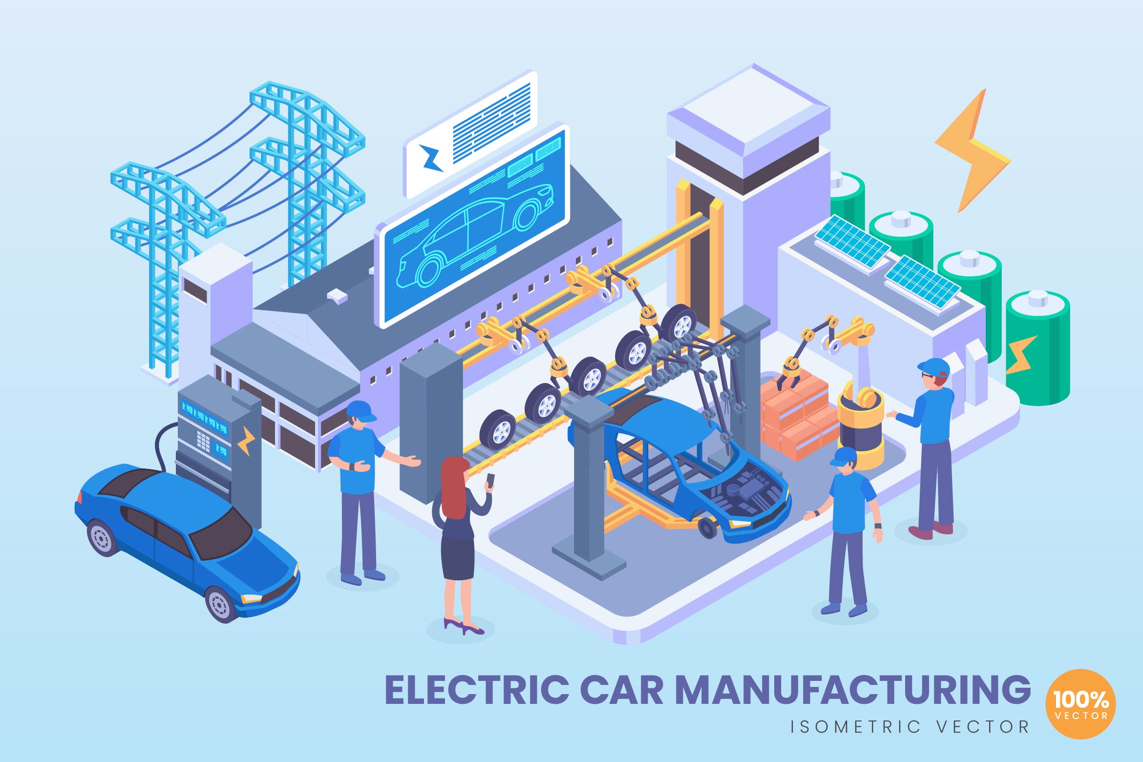 电动车制造技术等距矢量科技素材库精选概念插画v2 Isometric Electric Car Manufacturing Vector插图