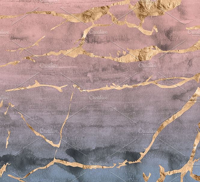 多彩柔和金箔大理石纹理 Rutilated Quartz Gold & Watercolor插图(4)