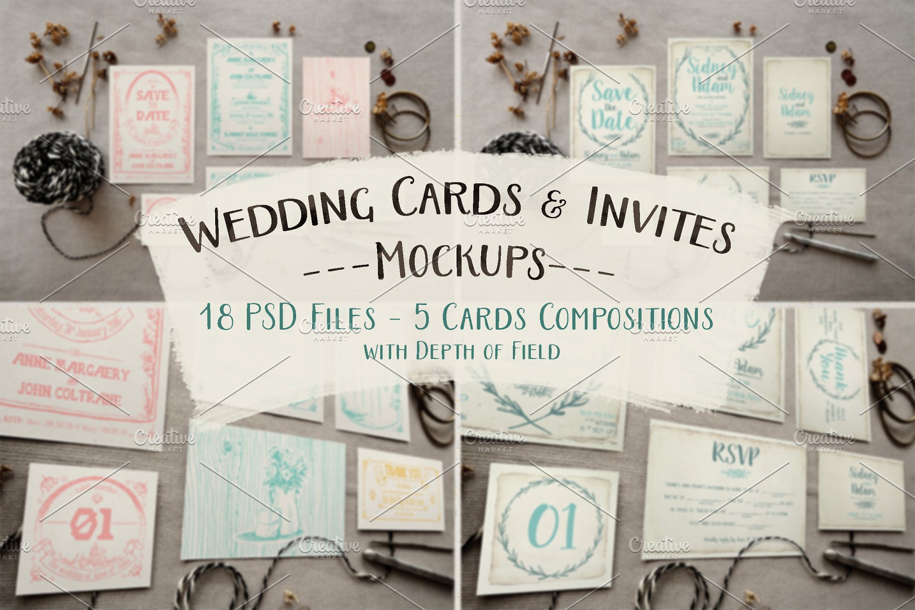 乡村婚礼邀请物料样机 Rustic Wedding Invitation Mockup插图