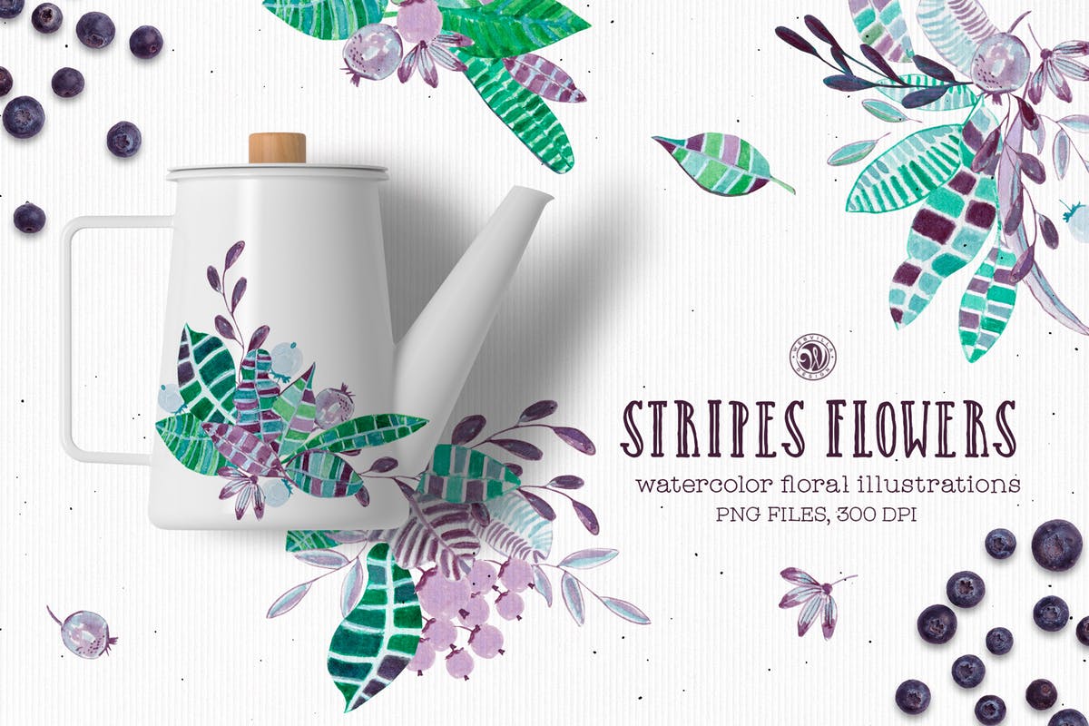 条纹手绘花卉水彩插画 Stripes Flowers插图