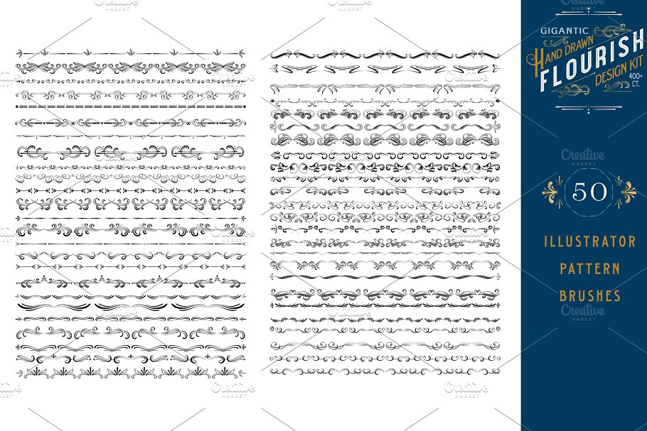 手绘花纹设计套件（400 +花卉设计元素） Hand Drawn Flourish Design Kit插图(1)