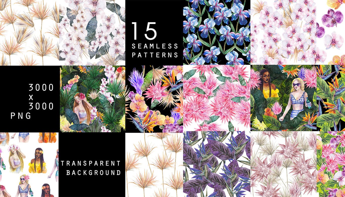 热带夏季主题水彩手绘图案套装 Tropical summer watercolor set插图(5)