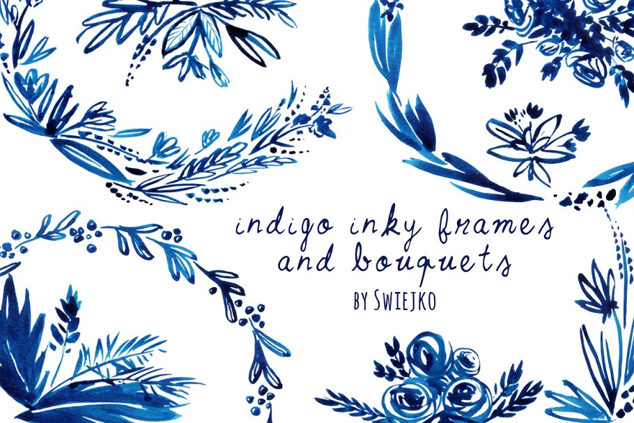 靛蓝手绘花圈素材 Indigo Hand painted Wreaths插图