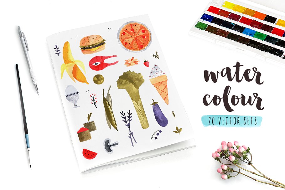 扁平风水彩矢量图形合集 Watercolor Flat Lay Vector Pack插图(1)