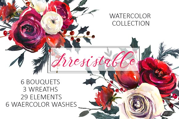 红色玫瑰花水彩剪贴画 Red Roses Watercolor Clipart Set插图