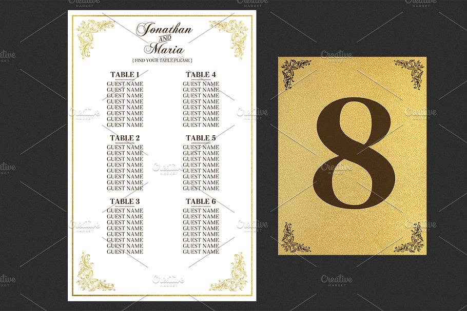 复古黄金色调婚礼邀请函模板套装 Gold Wedding Invitation Set插图(3)