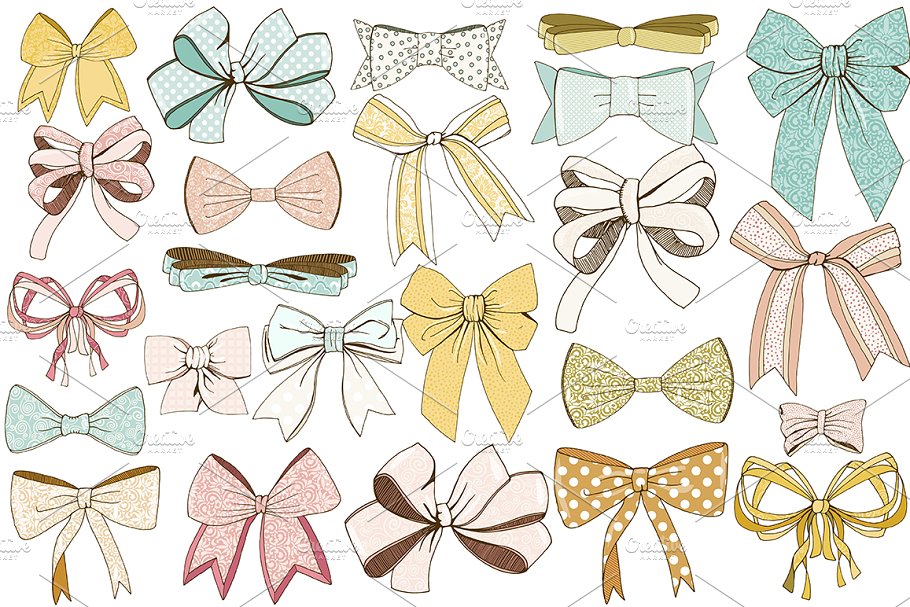柔和色调系列手绘蝴蝶结丝带剪贴画 Tied Bow Clip Art Hand-Drawn Ribbon插图(1)