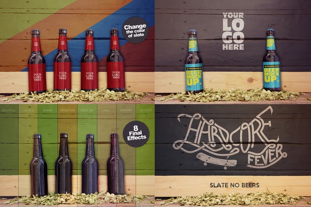 木墙场景啤酒瓶外包装设计样机模板 Wood Wall Malt Ingredient 4 in 1插图(1)