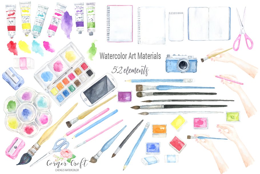 水彩设计元素素材包 Watercolor Art Material Mockup插图(3)