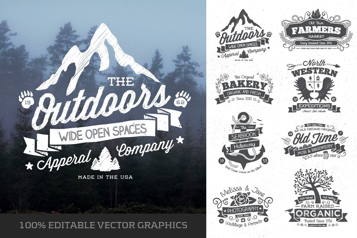 复古手绘设计风格Logo&标签设计模板 Hand Drawn Vintage Logos and Labels插图(1)