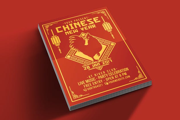 中国新年鸡年喜庆红海报设计模板 Chinese New Year 2017插图(1)