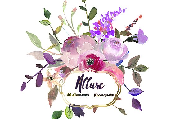 粉色紫色水彩花卉剪贴画合集 Pink Purple Watercolor Flowers Set插图(7)