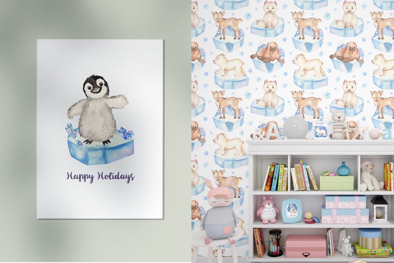 北极小动物水彩手绘剪贴画&卡片素材 Watercolor Arctic little animals Clipart cards插图(6)