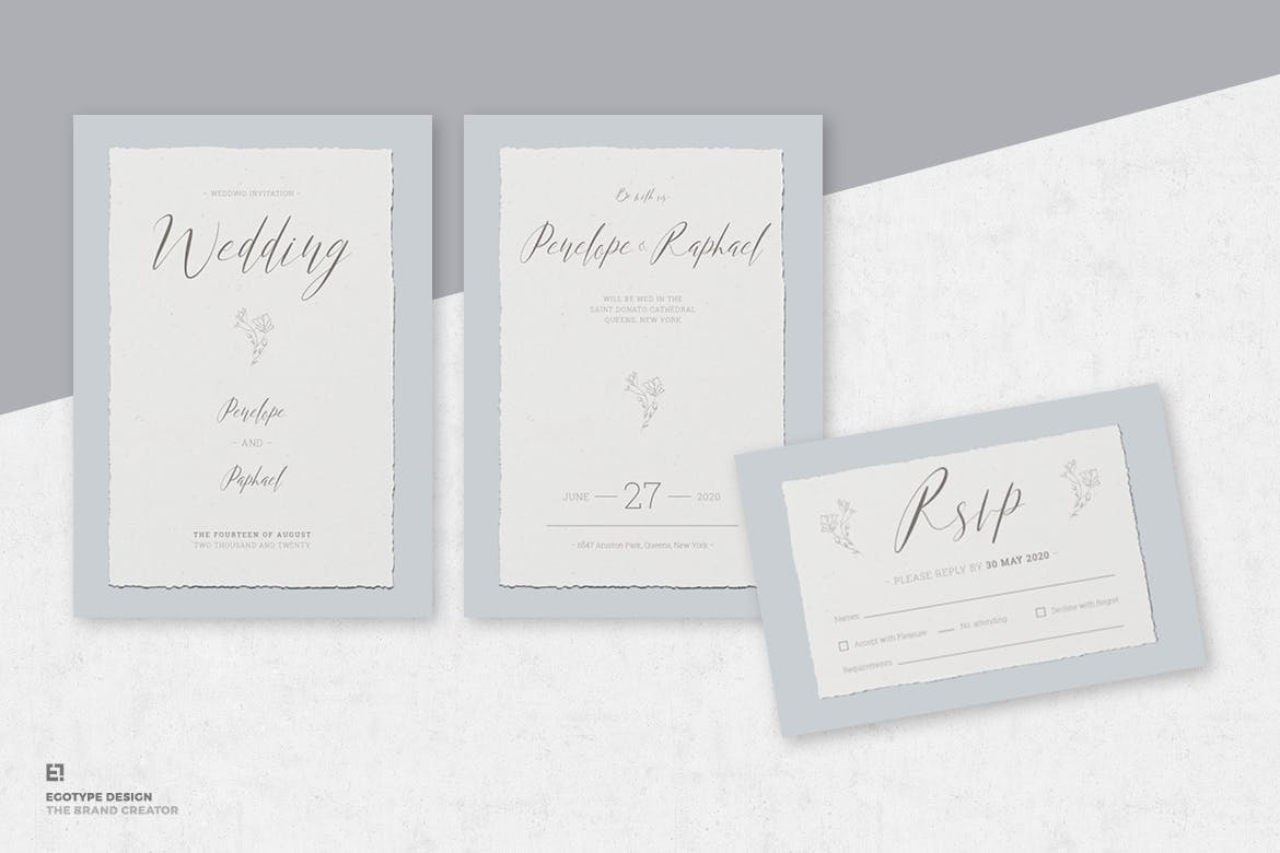 低调简约撕纸风格婚礼婚宴邀请设计素材 Wedding Invitation Suite插图(1)