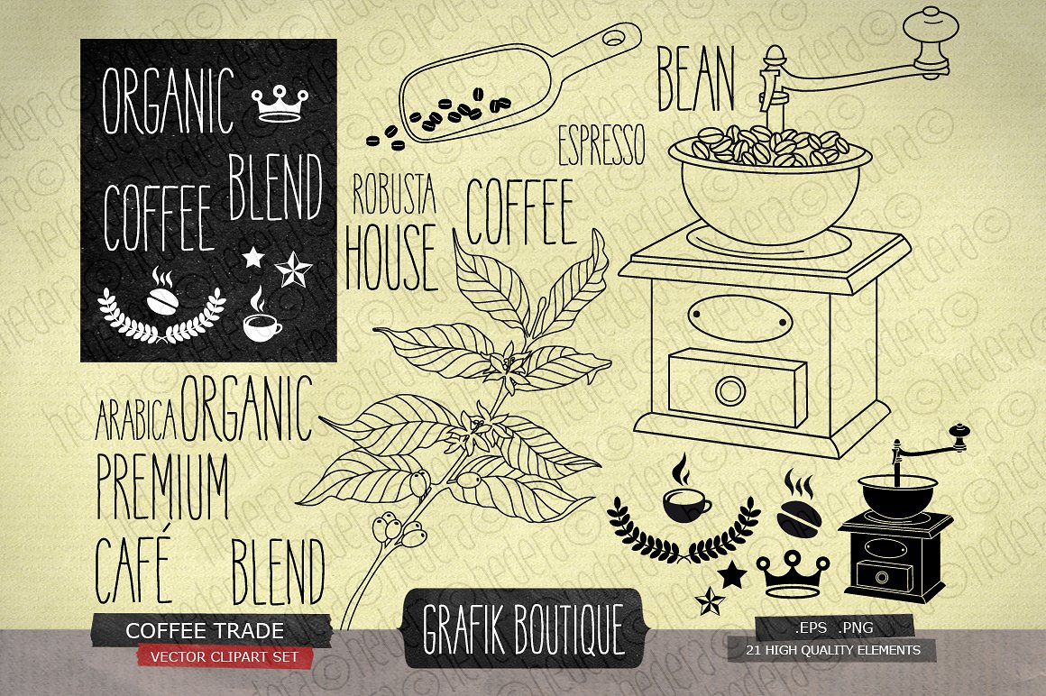 复古咖啡主题手绘插画素材 Coffee trade, vintage grinder, crown插图