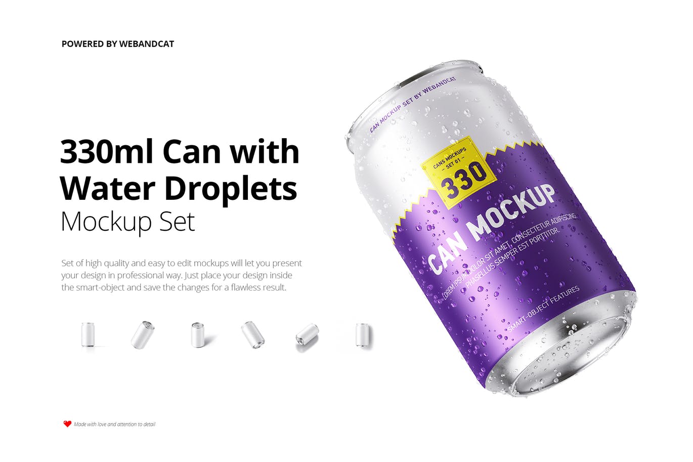 330ml容量规格易拉罐外观设计样机模板 330ml Can Mockup with Water Droplets插图