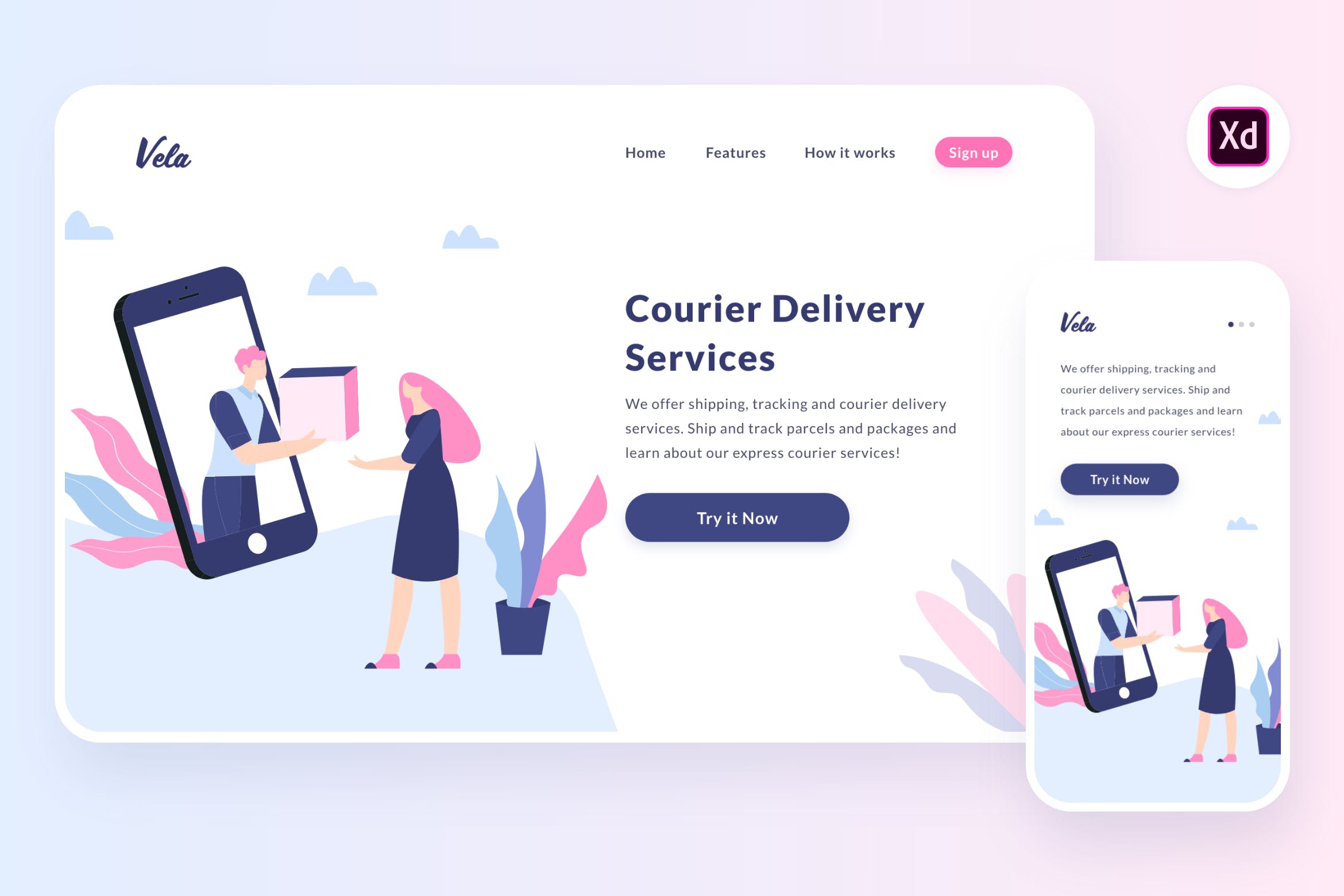 商品配送交付主题Web&APP设计矢量插画[XD&SVG] Delivering product illustration (Adobe XD, SVG)插图