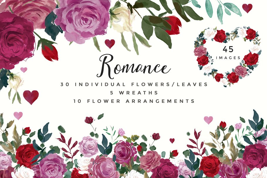 浪漫水彩花卉剪贴画 Watercolor Floral Graphic – Romance插图