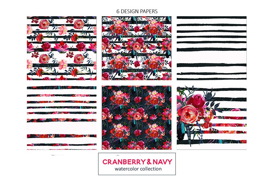 红色海军蓝波希米亚水彩花卉剪贴画 Red Navy Boho Watercolor Flowers插图(9)