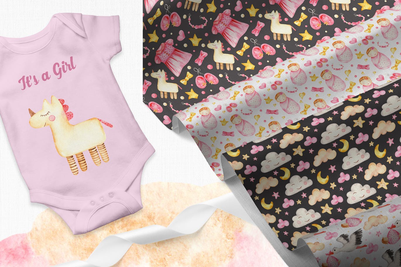 女新生儿婴儿水彩手绘矢量剪贴画/卡片/无缝图案背景素材 It’s a girl watercolor clipart, cards, patterns插图(7)