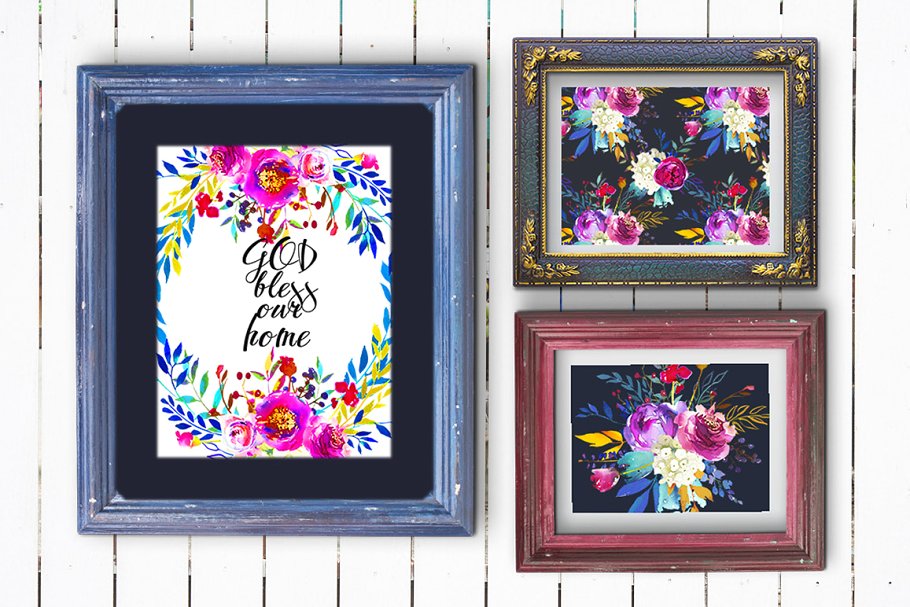 靛蓝粉红水彩花卉剪贴画 Indigo Pink Teal Watercolor Florals插图(9)