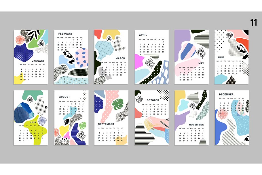 水彩涂鸦日历模板 2017 CALENDARS | raster & vector插图(14)