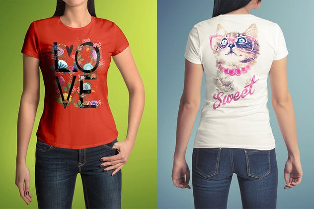 女模特时尚T恤服装样机 T-Shirt Mockup Female Model插图(1)