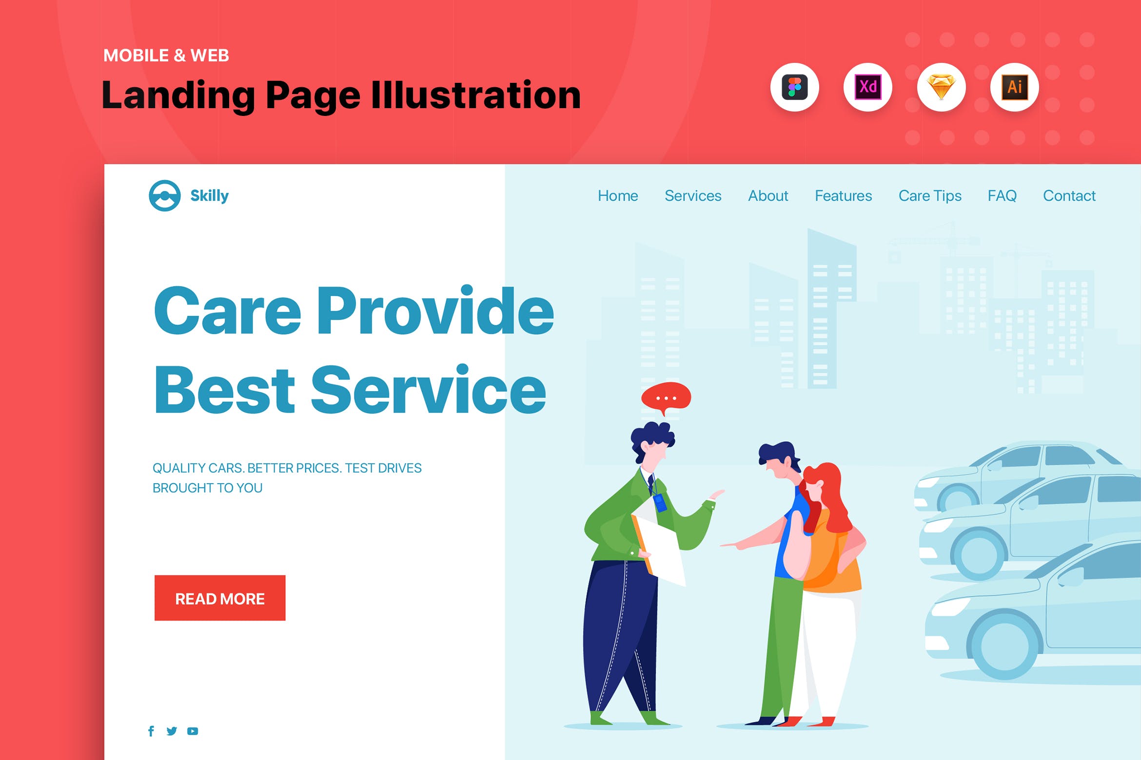 汽车销售咨询服务网站设计矢量插画素材 Salesman talking to a young couple at the Showroom插图