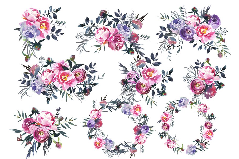 腮红和灰色水彩花卉插画 Blush & Gray Watercolor Flowers插图(1)