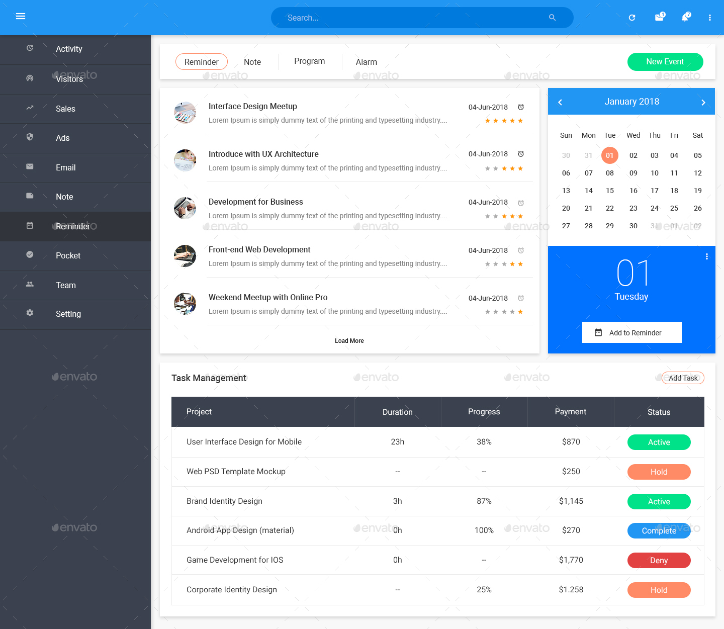 网站应用后台仪表盘界面 UI 模板 Lauxy – Material Dashboard Template PSD Dashboard UI Kit插图(1)