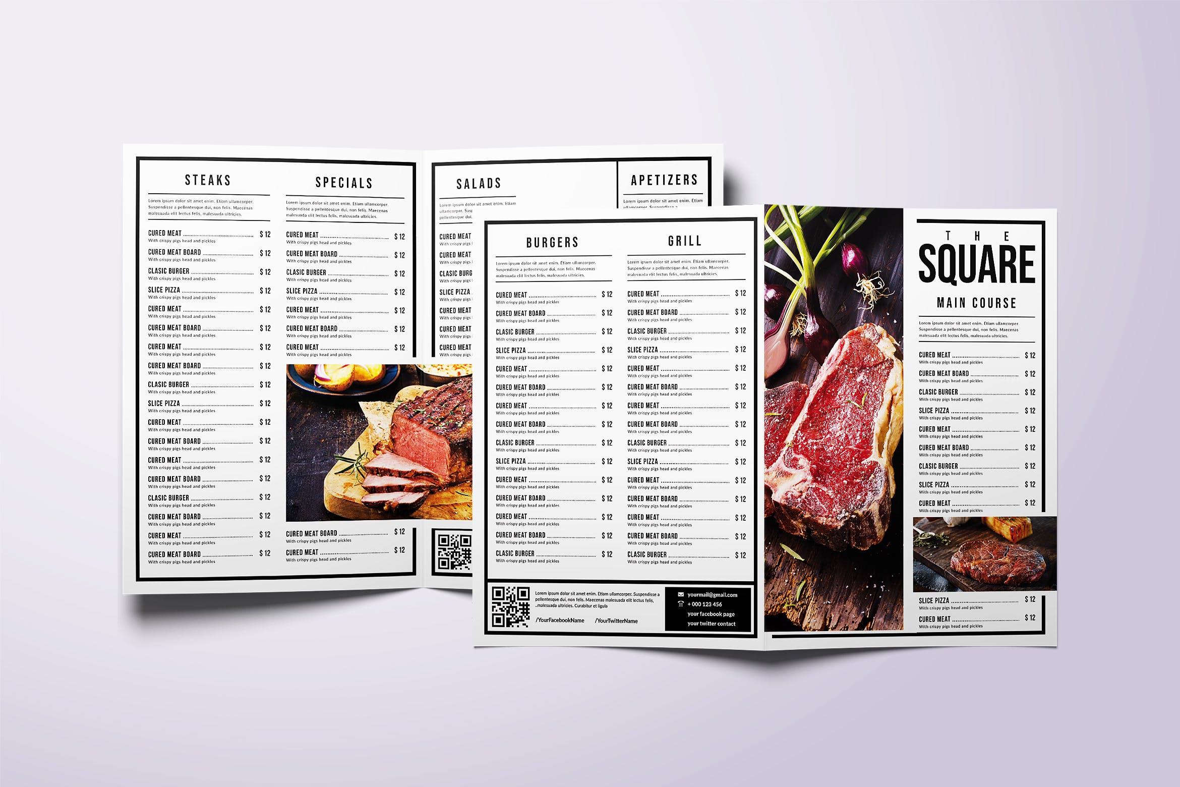 经典极简双折A4&美国信纸大小美食菜单模板 Classic Minimal Bifold A4 & US Letter Food Menu插图