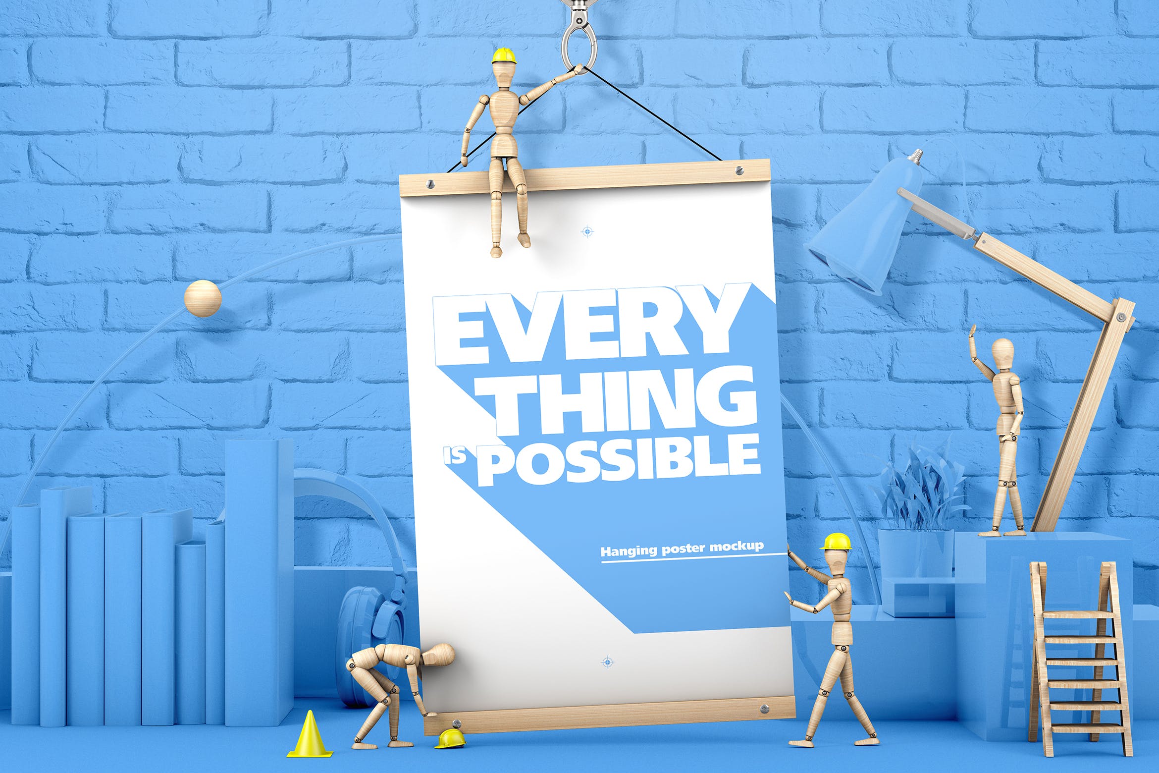 木偶悬挂海报场景海报效果图样机素材库精选模板 Hanging Poster With Wooden Men Mockup插图