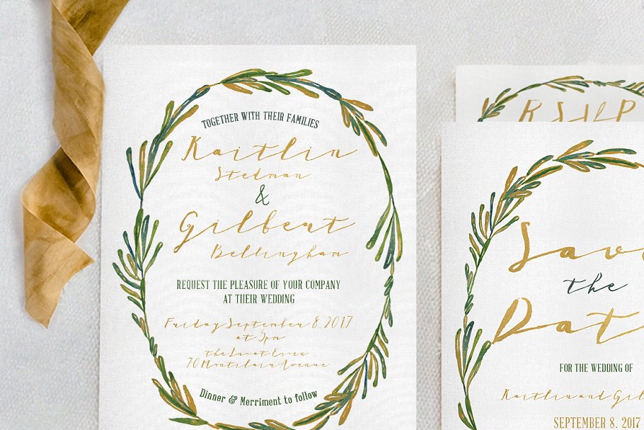 优雅花环婚礼邀请函模板套装 Elegant Wreath Wedding Suite插图(3)