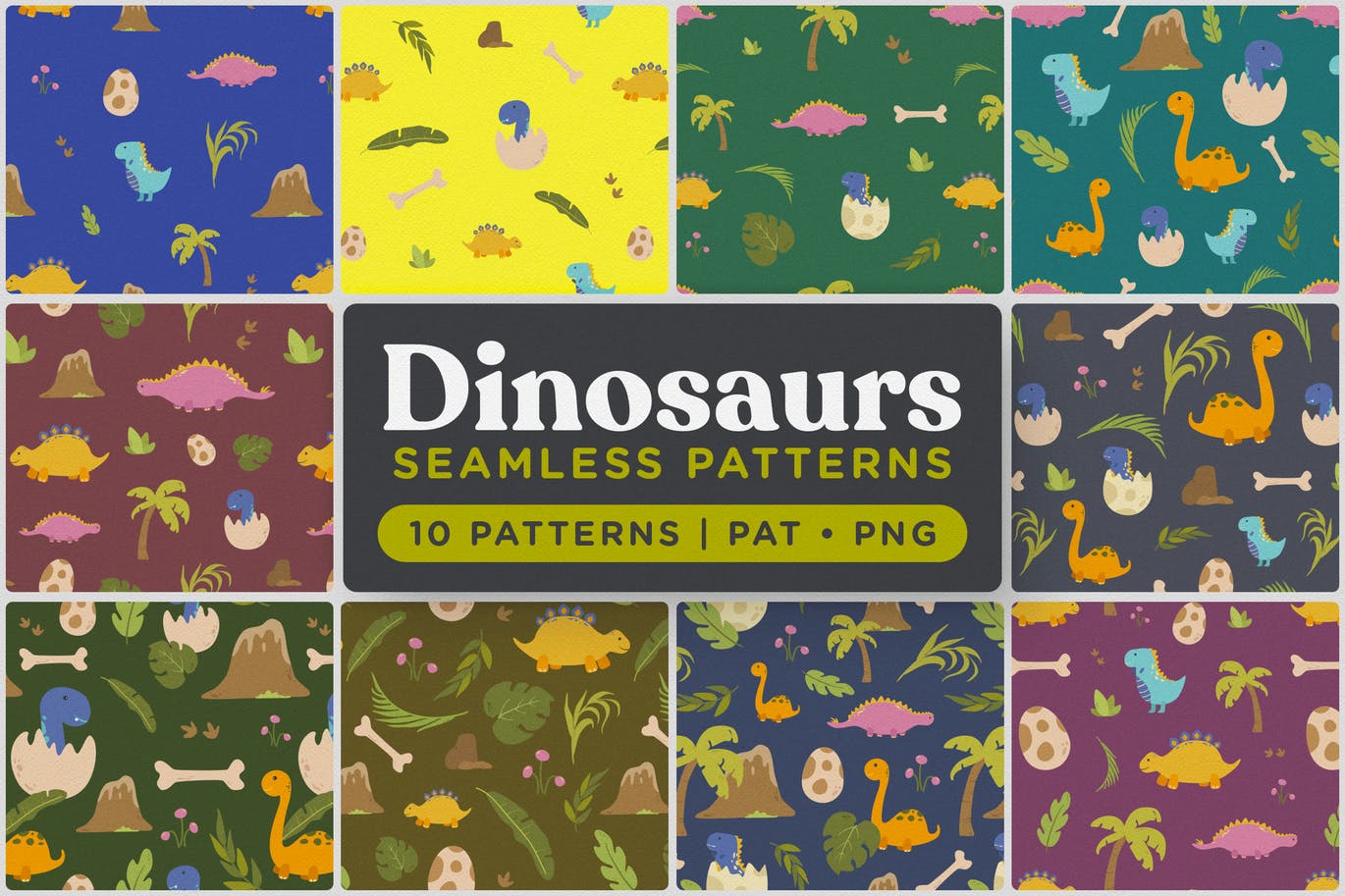 可爱恐龙手绘无缝图案背景素材库精选 Cute Dinosaurs Seamless Patterns插图