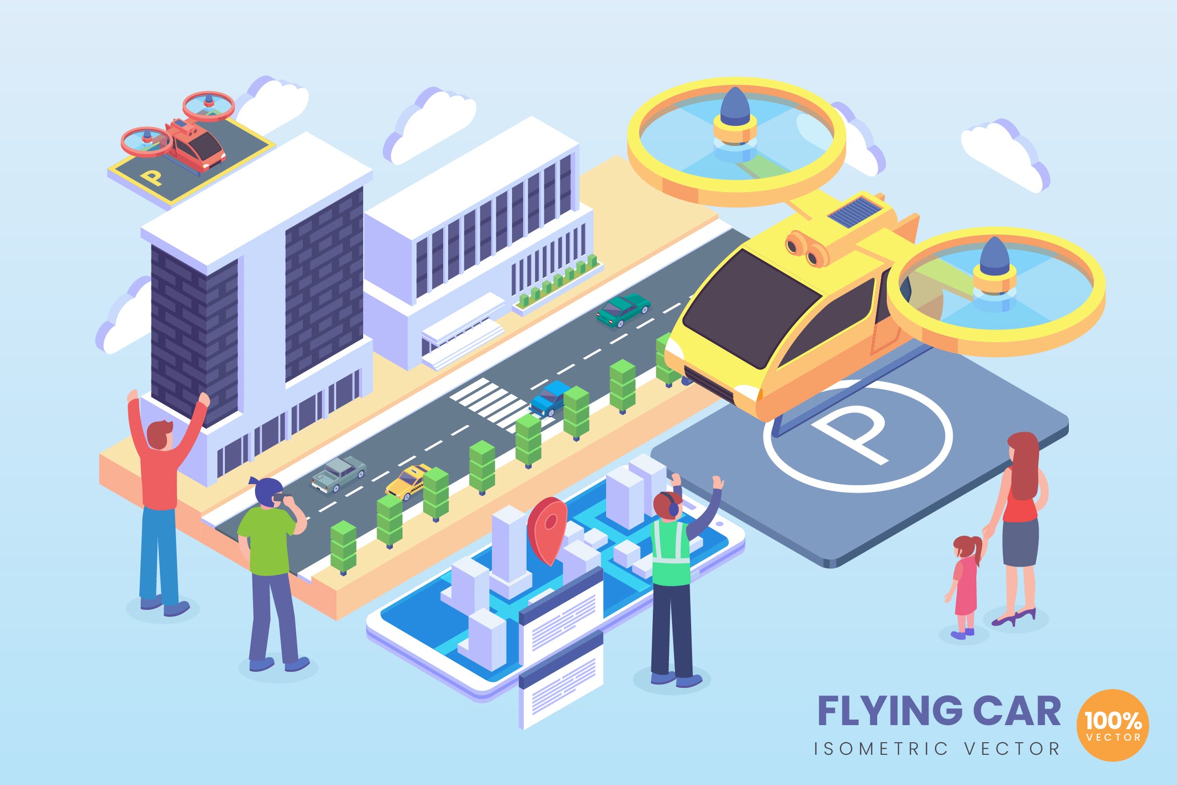 飞行器技术等距矢量素材库精选科技概念插画 Isometric Flying Car Technology Vector Concept插图