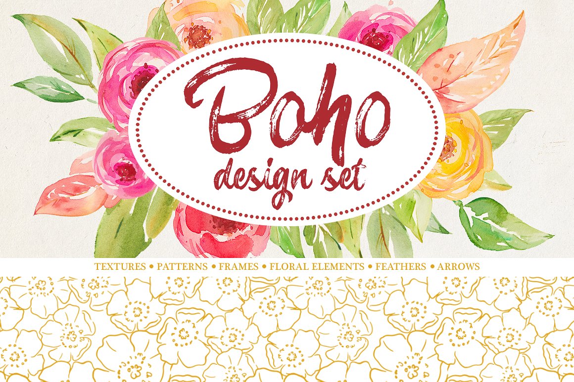 波西米亚风手绘水彩插画 Boho watercolor set插图