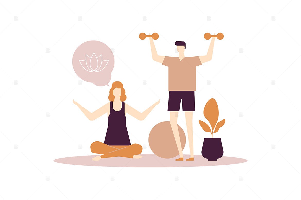 扁平设计风格家庭健身场景矢量插画 Home fitness – flat design style illustration插图
