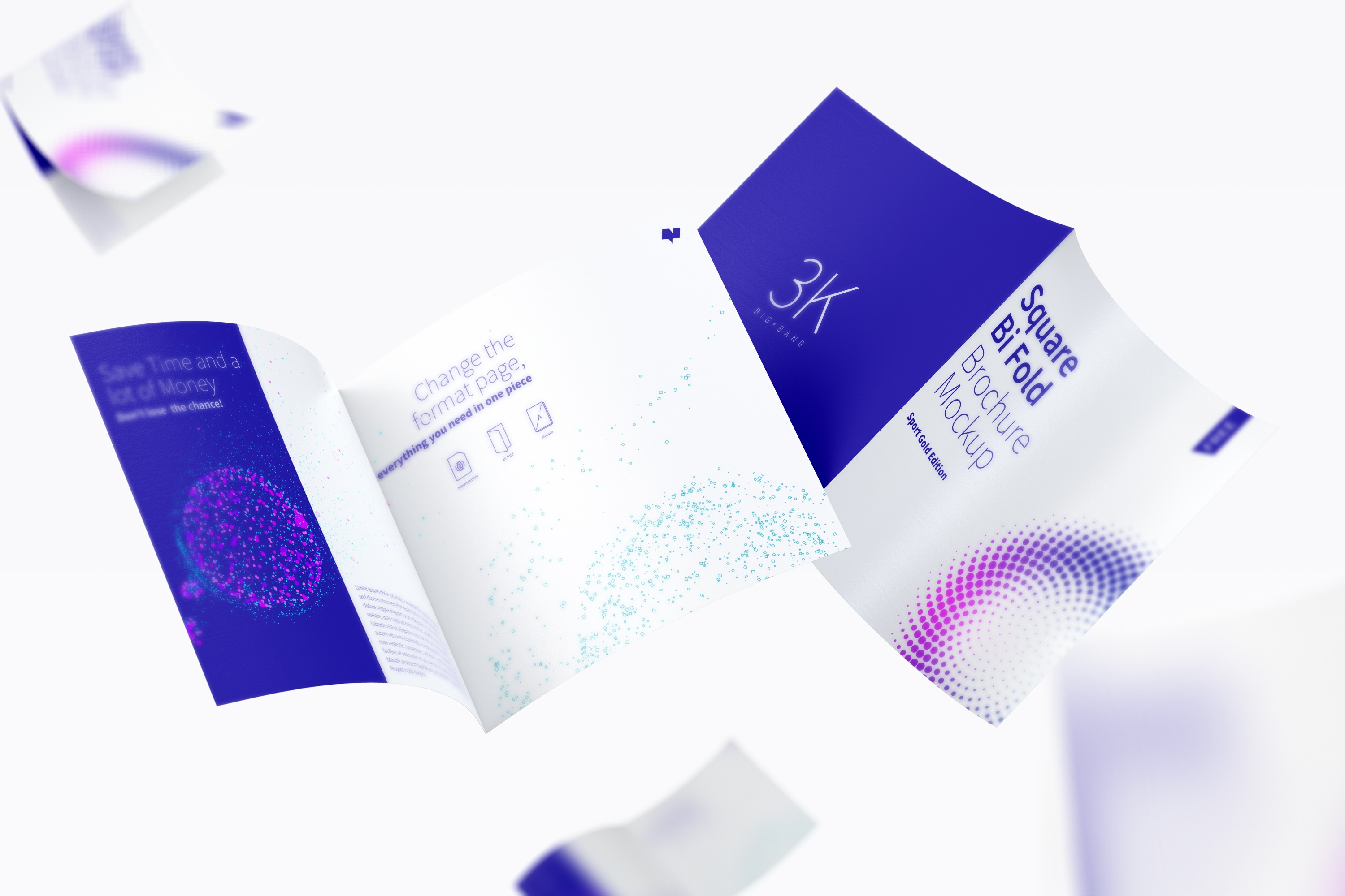 漂浮的方形对折小册子传单设计预览免费样机模板 FREE Square Bi Fold Brochure Mockup, Floating 3K插图(1)