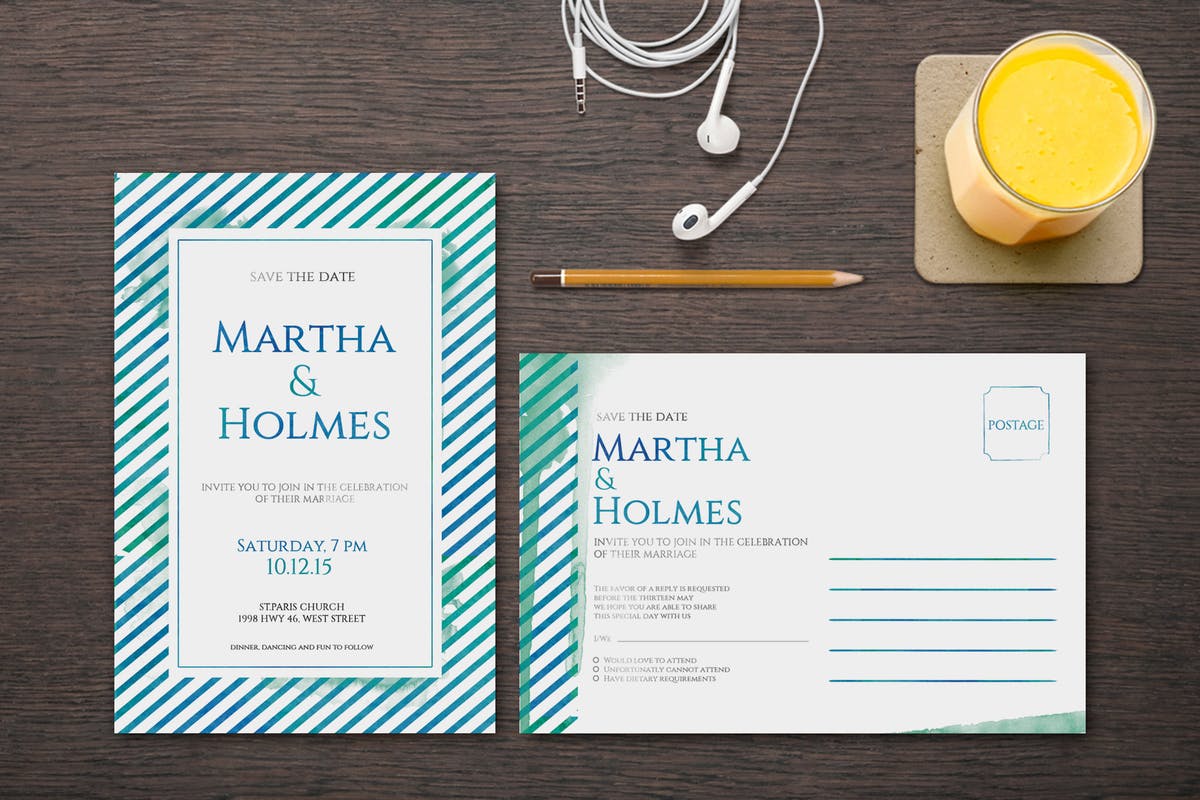 简约水彩线条风格婚礼邀请函设计模板 Watercolor Wedding Invitation插图