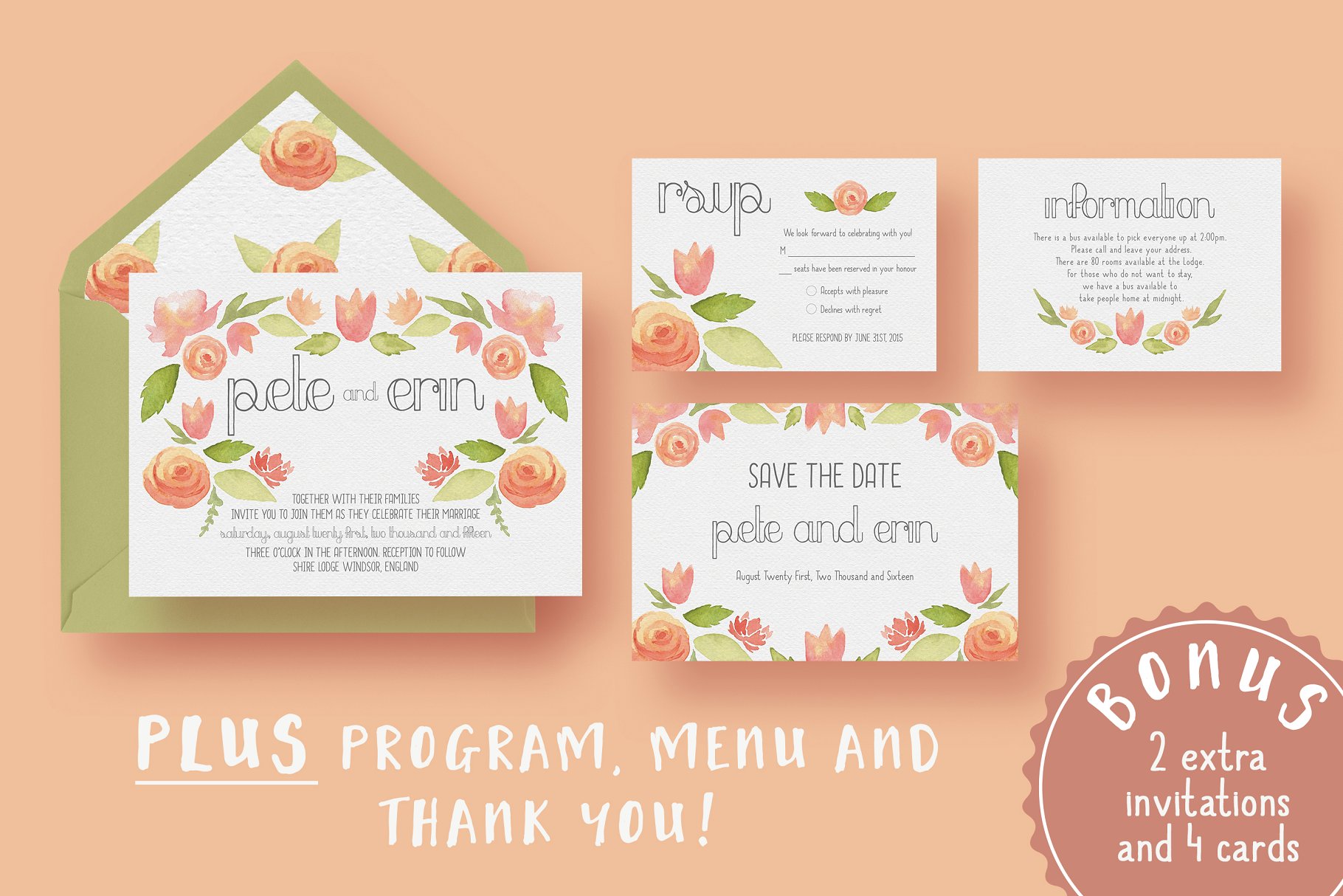 水彩花卉装饰婚礼邀请函设计模板 Garden Watercolour Wedding Suite插图