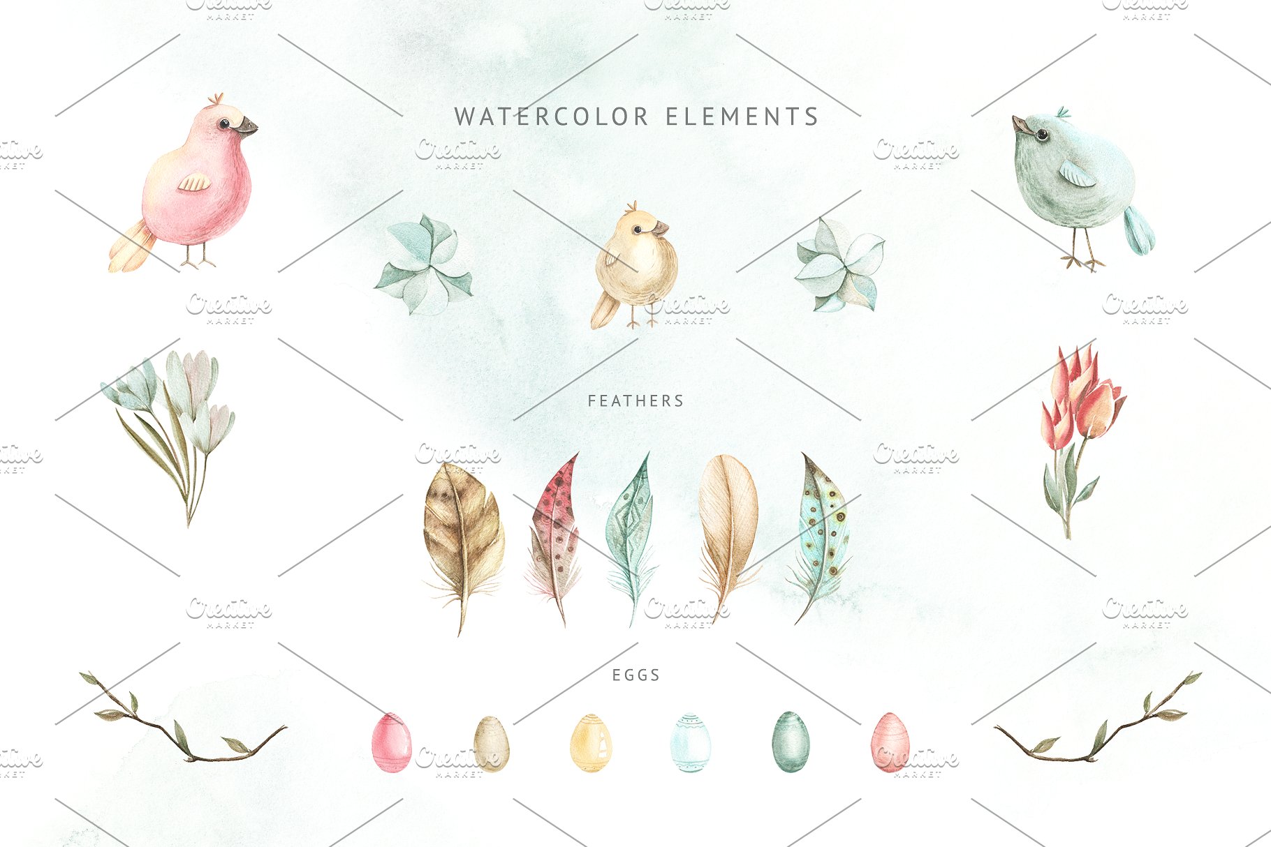 小鸟、树叶&花卉水彩粉画剪贴画 Watercolor Pastel Mood插图(1)