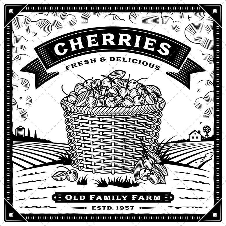 复古农场樱桃收获季节主题矢量插画 Retro Cherry Harvest Label With Landscape插图(1)