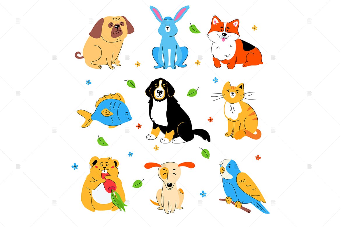 可爱卡通动物扁平设计风格矢量插画素材库精选 Cute pets – flat design style set of characters插图(1)