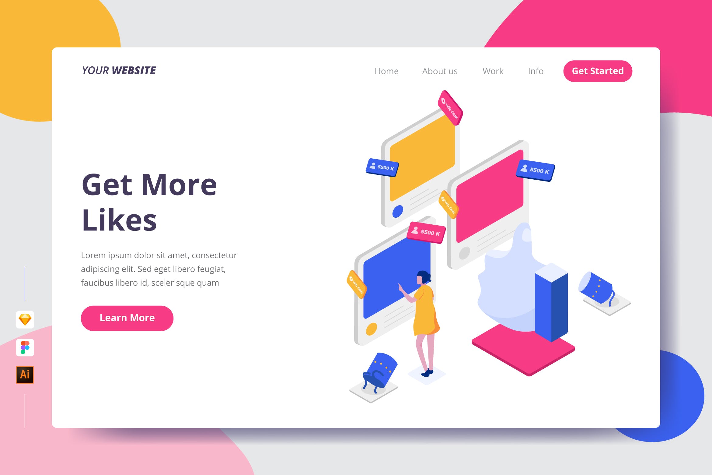 社交点赞矢量插画主题网站着陆页模板 Get More Likes – Landing Page插图