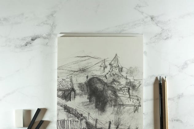 木炭笔&素描本艺术品展示样机 Charcoal & Sketch Mockup插图(4)